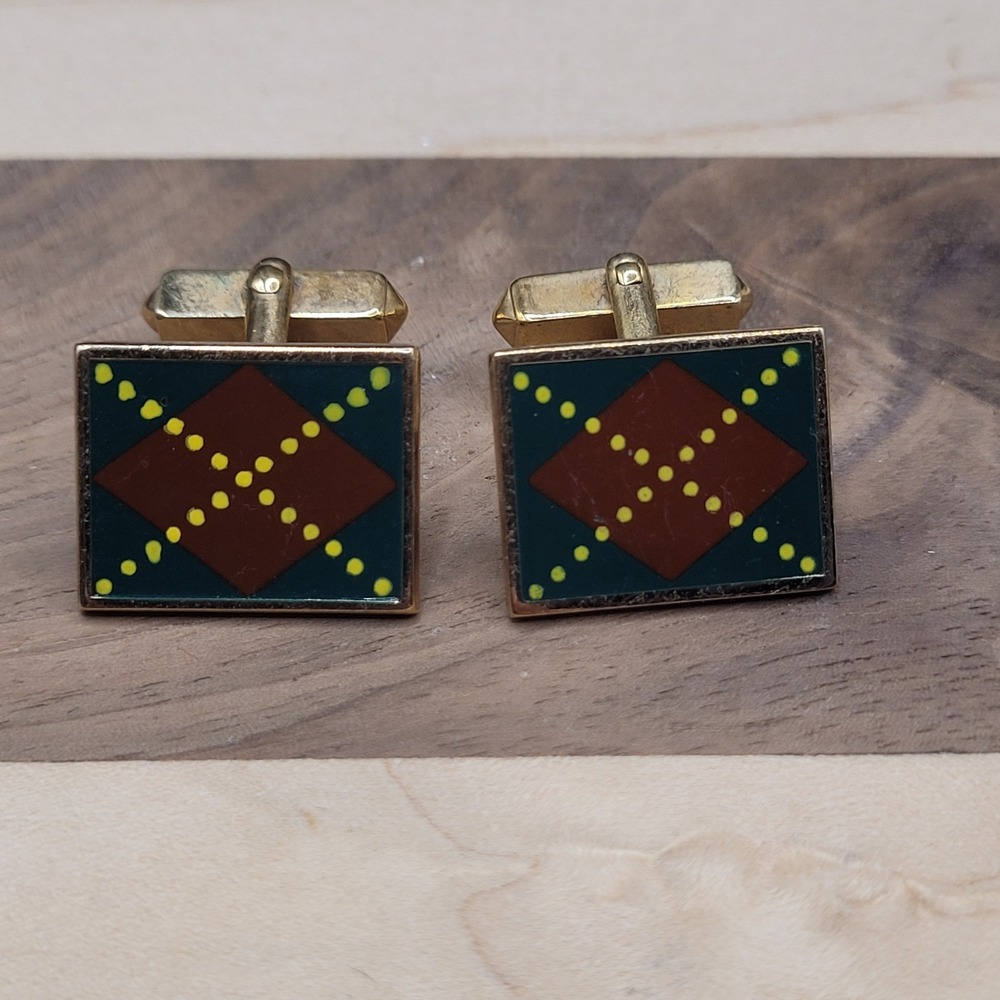 Vintage Argyle Cufflinks Signed Swank Red‎ Black White Gold Tone Enamel